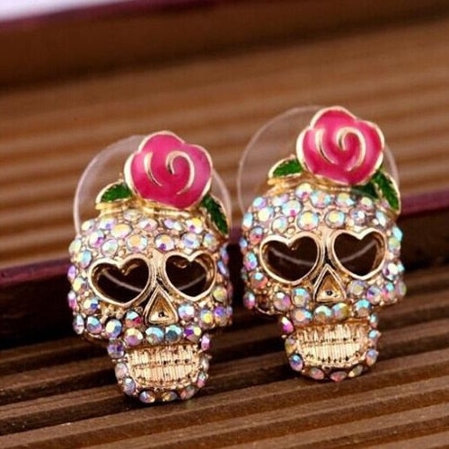 Pendientes exagerados de calavera de esqueleto de cristal con diamantes de imitación vintage