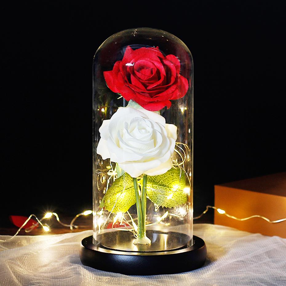 LED Eternal Flower Double Rose in Dome Light Up Beauty and The Beast Rose