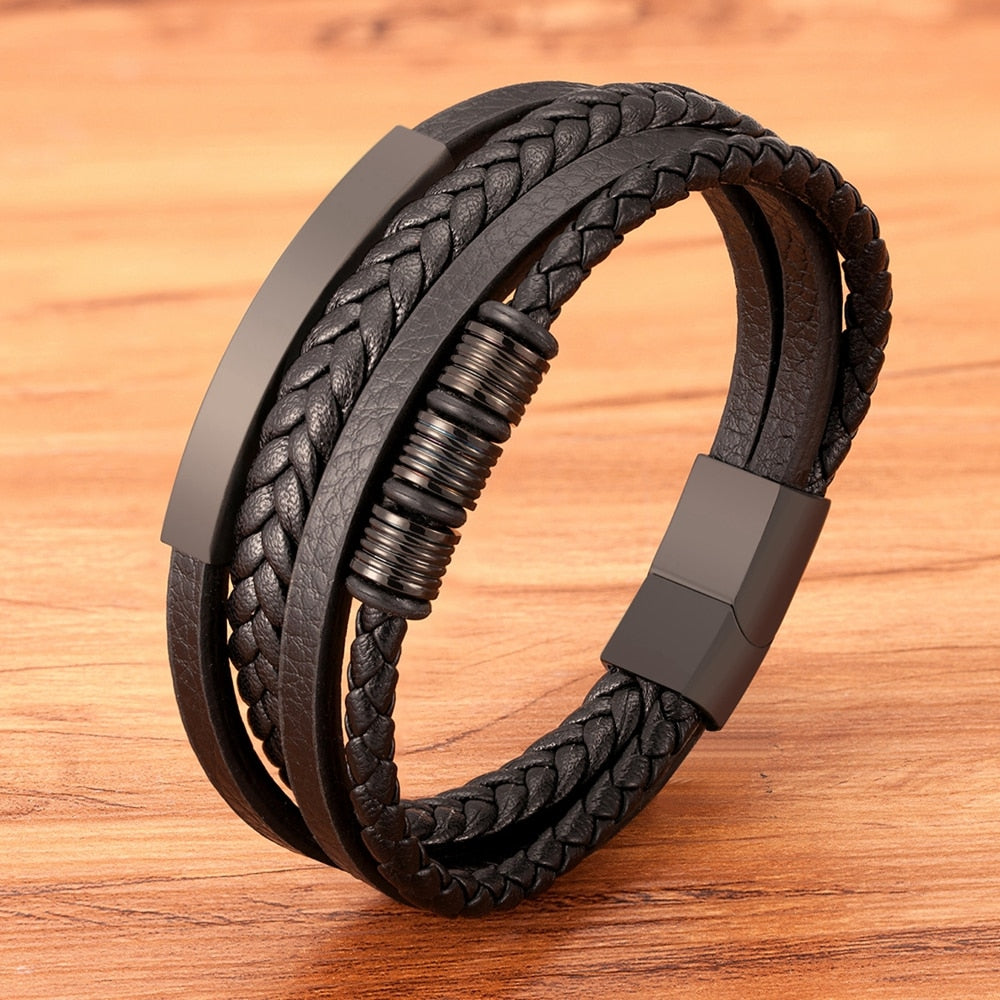 New Stainless Steel Black Multilayer Genuine Leather Bracelet For Men