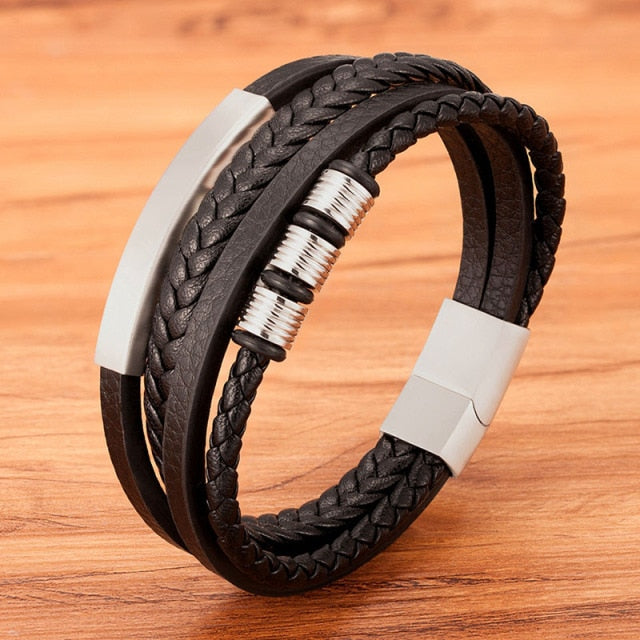 New Stainless Steel Black Multilayer Genuine Leather Bracelet For Men