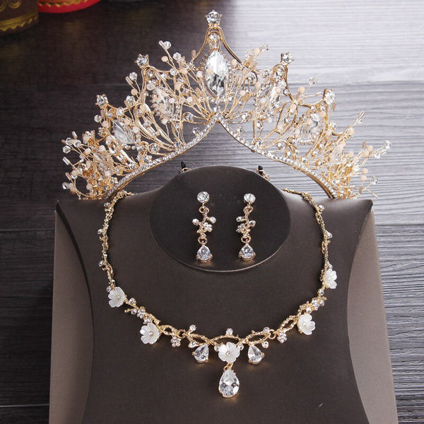 gold Crown Necklace Earrings jewelry sets
