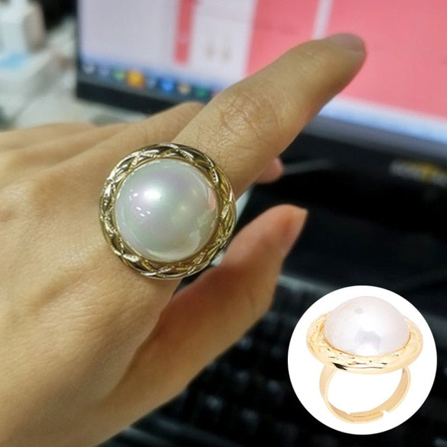 Big Imitation Pearls  Gold Color Metal Hollow  Rings