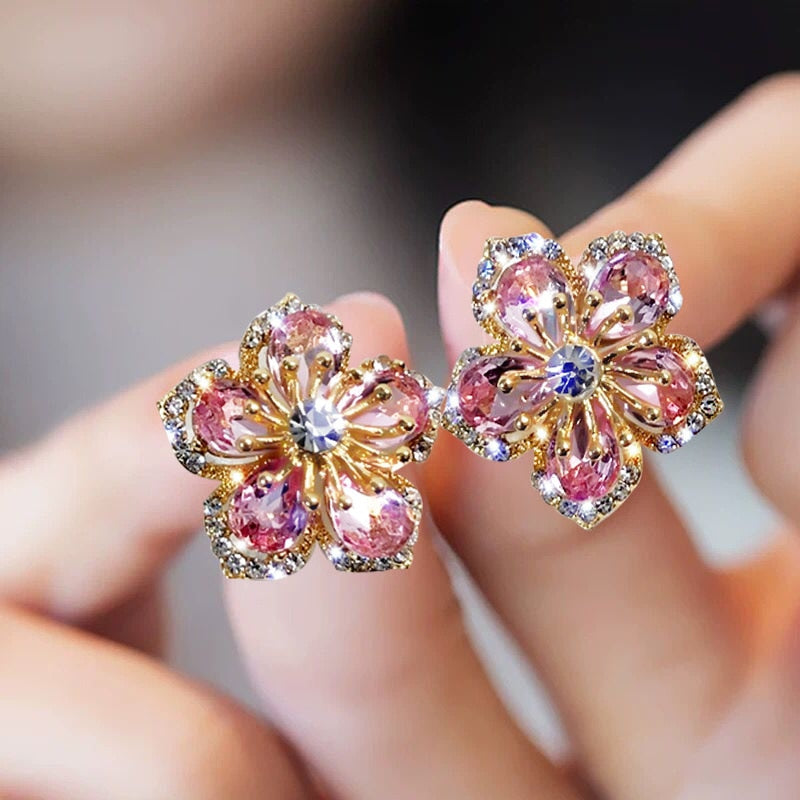 Cute Flower Crystal Temperament Geometric Shiny Zircon Earrings