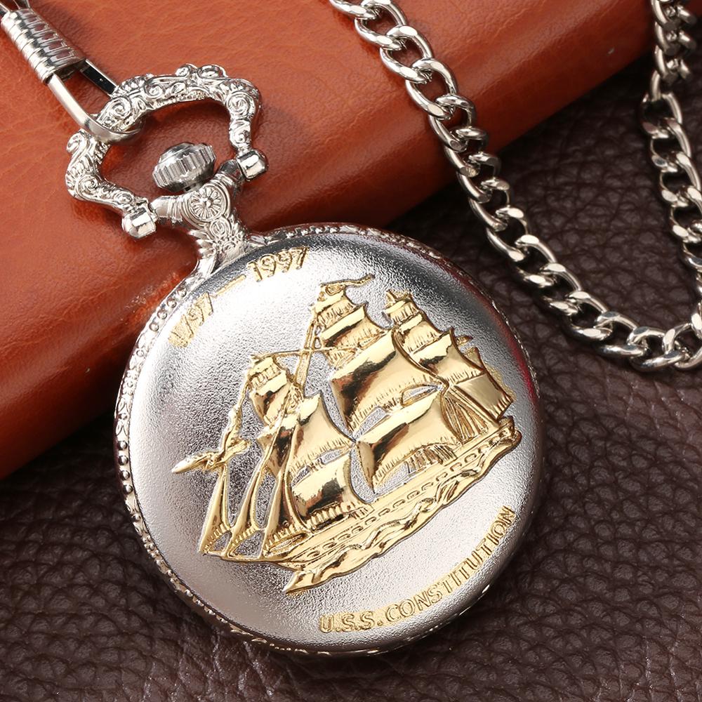 USS Constitution Sail Frigate Quartz Pocket Watch FOB Chain Watch