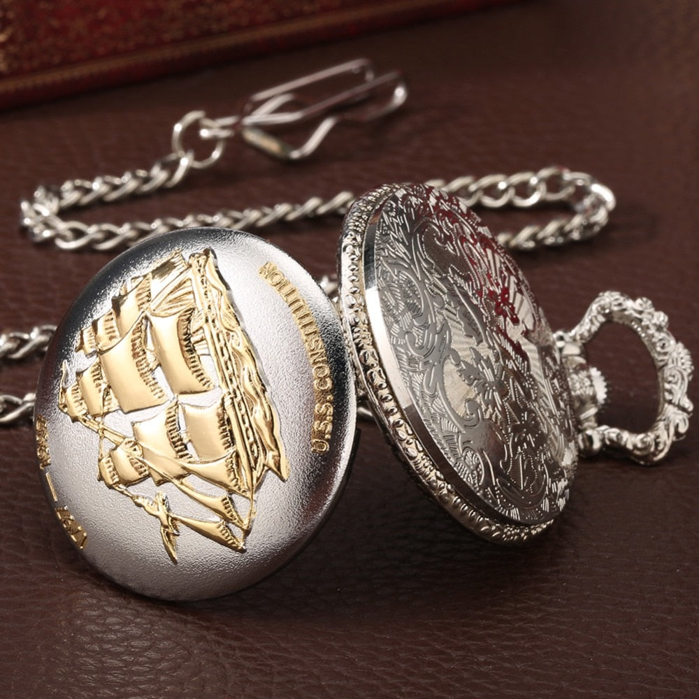 USS Constitution Sail Frigate Quartz Pocket Watch FOB Chain Watch