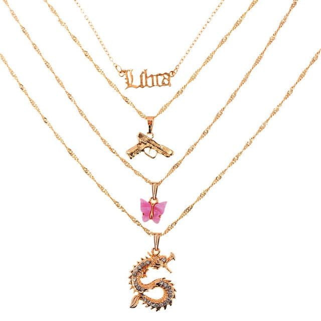 New Multi Layer Butterfly Dragon Charms Crystal Necklaces