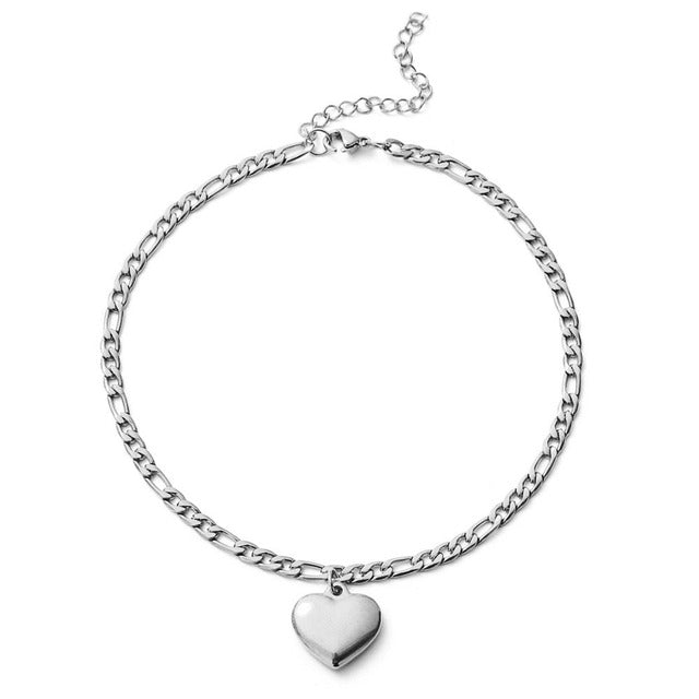 Gold Color Stainless Steel Figaro Chain With Heart Pendant Anklets for Women