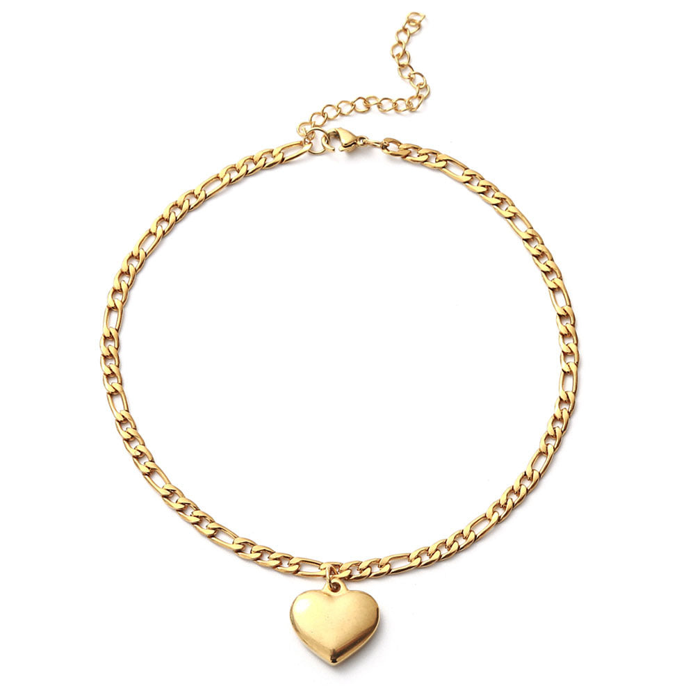 Gold Color Stainless Steel Figaro Chain With Heart Pendant Anklets for Women