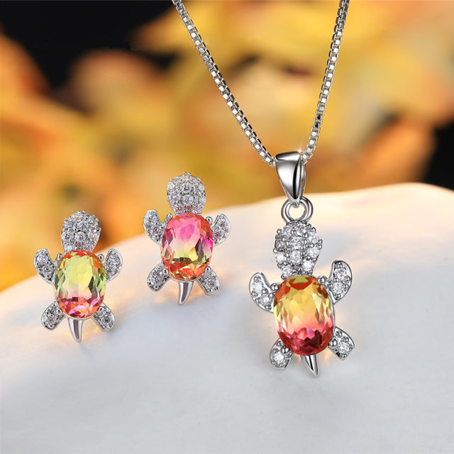 Rose Red Yellow Oval Zircon Turtle Earrings and Necklaces Set