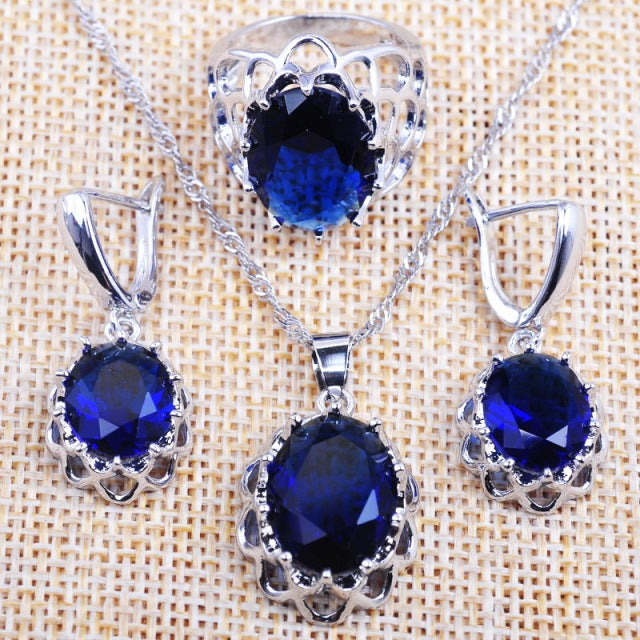 Fashion Oval Sky Blue Zirconia Pendant Earrings Ring Jewelry Sets