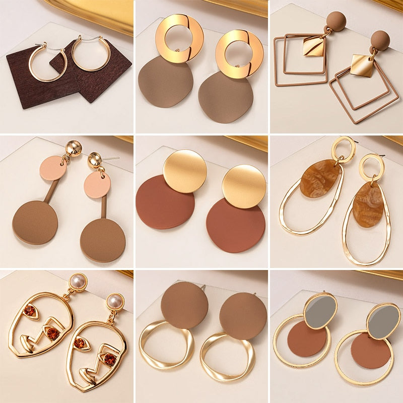 Women Brown Arcylic Geometric Dangle Drop Gold Earing