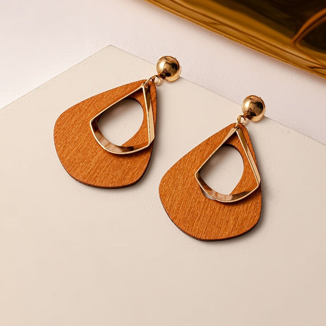 Women Brown Arcylic Geometric Dangle Drop Gold Earing