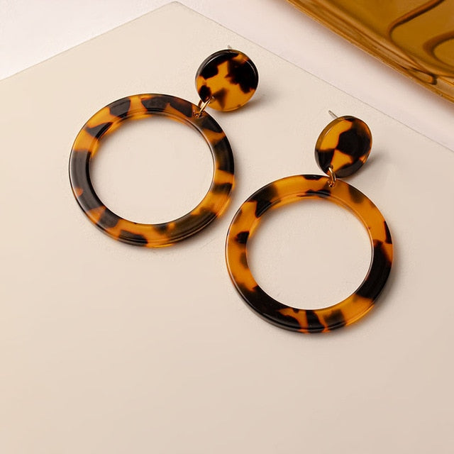 Women Brown Arcylic Geometric Dangle Drop Gold Earing