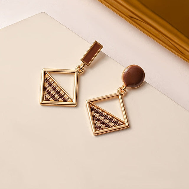 Women Brown Arcylic Geometric Dangle Drop Gold Earing