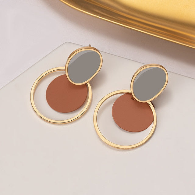 Women Brown Arcylic Geometric Dangle Drop Gold Earing