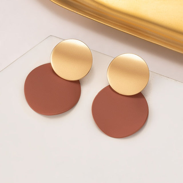 Women Brown Arcylic Geometric Dangle Drop Gold Earing