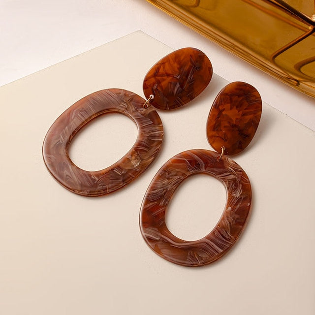Women Brown Arcylic Geometric Dangle Drop Gold Earing