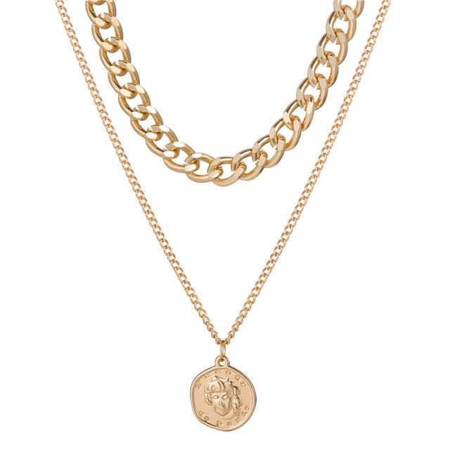 Fashion Multi Layer Lock Portrait Pendants Necklaces