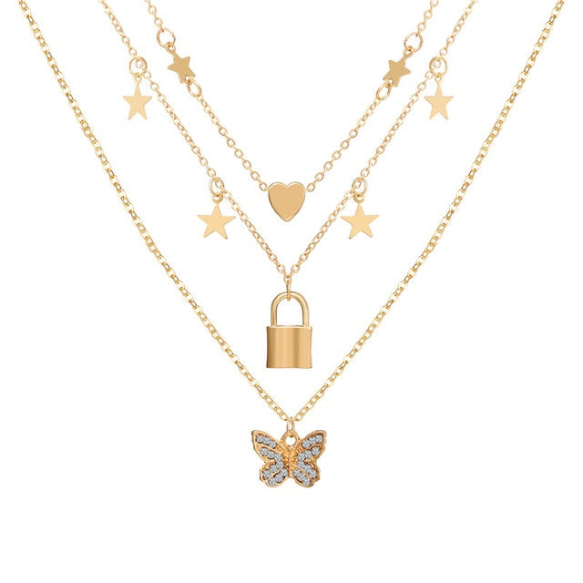 Fashion Multi Layer Lock Portrait Pendants Necklaces