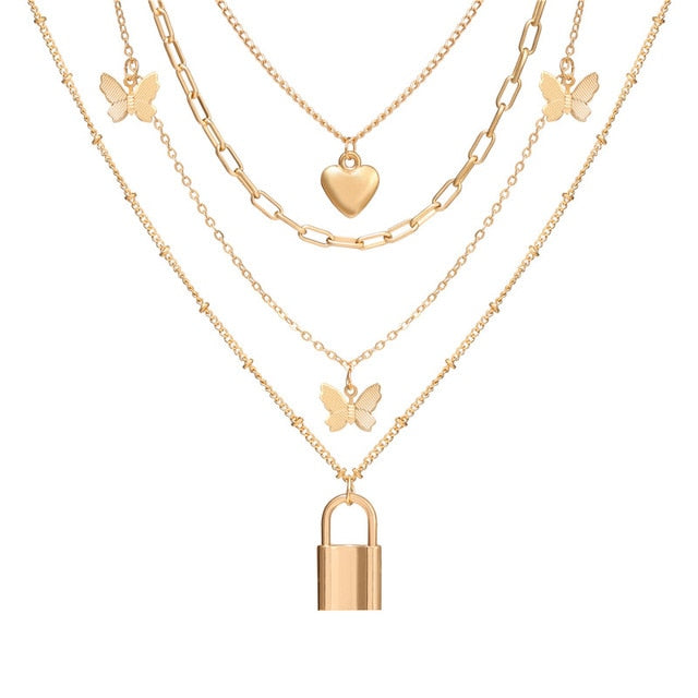 Fashion Multi Layer Lock Portrait Pendants Necklaces
