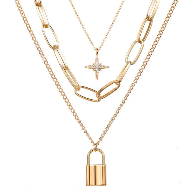 Fashion Multi Layer Lock Portrait Pendants Necklaces