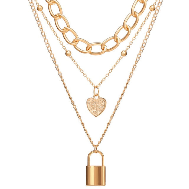 Fashion Multi Layer Lock Portrait Pendants Necklaces