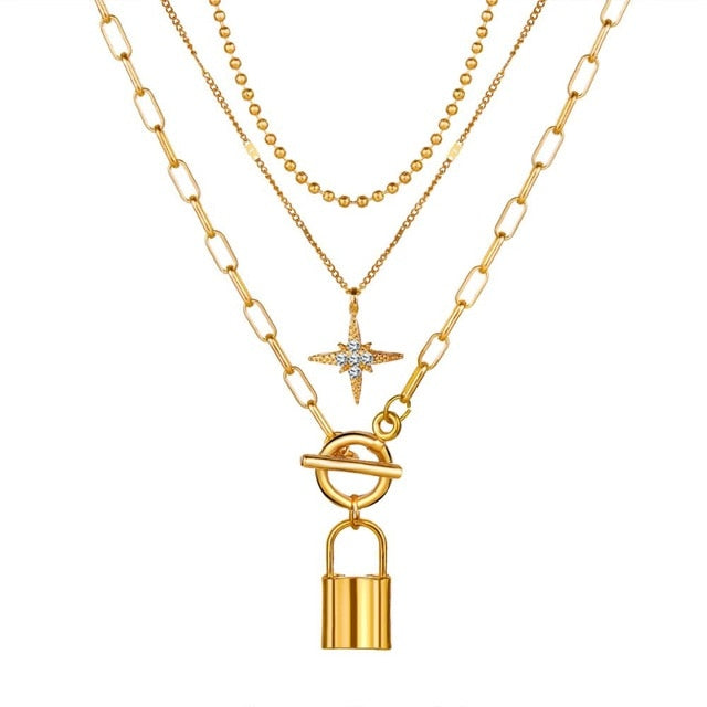 Fashion Multi Layer Lock Portrait Pendants Necklaces