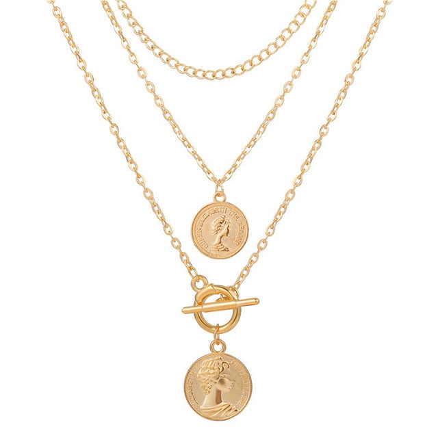 Fashion Multi Layer Lock Portrait Pendants Necklaces