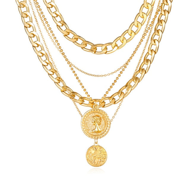 Fashion Multi Layer Lock Portrait Pendants Necklaces