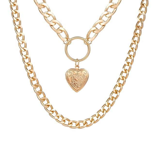 Fashion Multi Layer Lock Portrait Pendants Necklaces