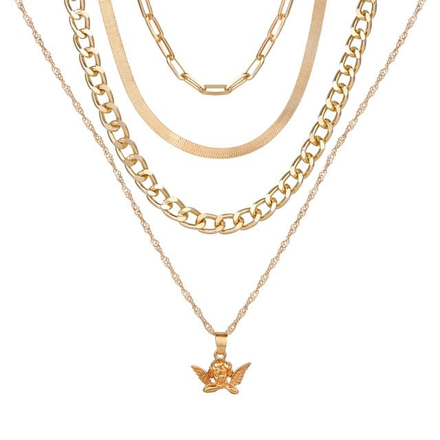 Fashion Multi Layer Lock Portrait Pendants Necklaces