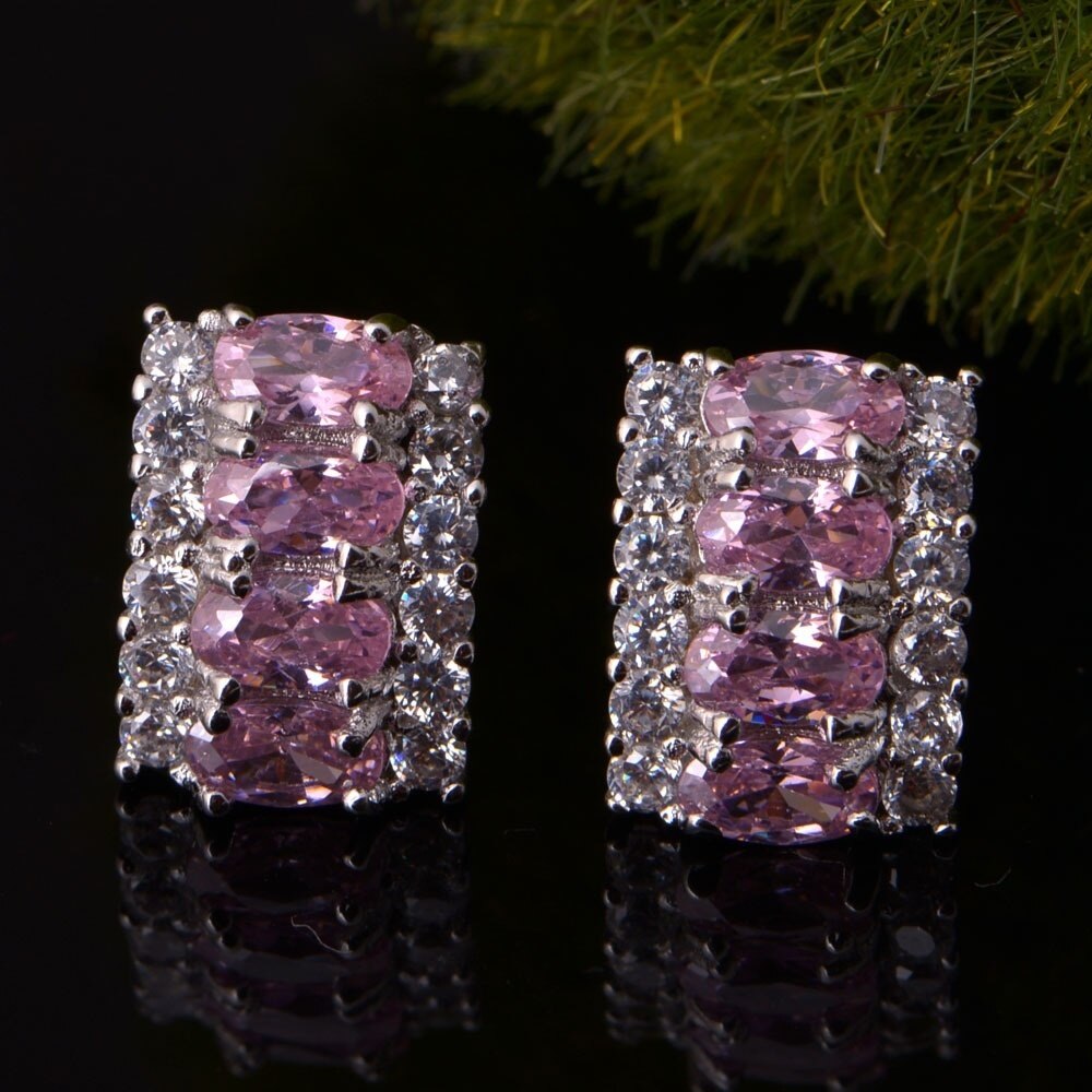 Luxury Oval Pink Crystal Cz Zinc Alloy Pendant Necklace Jewelry Set