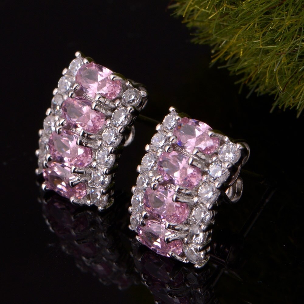 Luxury Oval Pink Crystal Cz Zinc Alloy Pendant Necklace Jewelry Set
