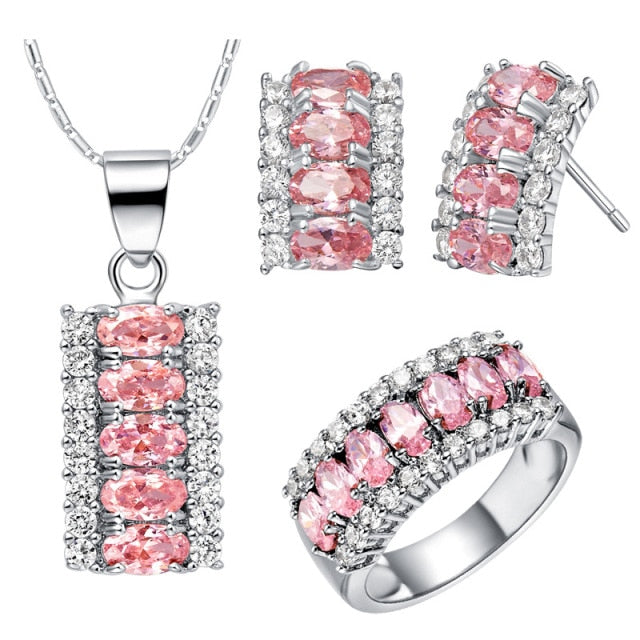Luxury Oval Pink Crystal Cz Zinc Alloy Pendant Necklace Jewelry Set