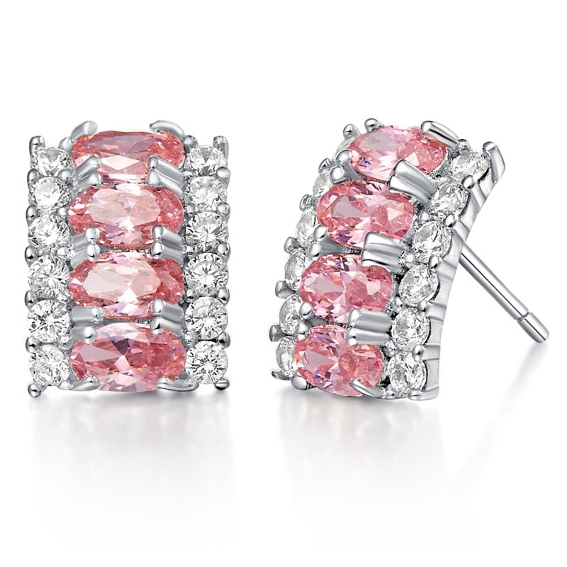 Luxury Oval Pink Crystal Cz Zinc Alloy Pendant Necklace Jewelry Set
