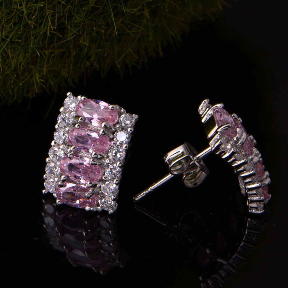 Luxury Oval Pink Crystal Cz Zinc Alloy Pendant Necklace Jewelry Set
