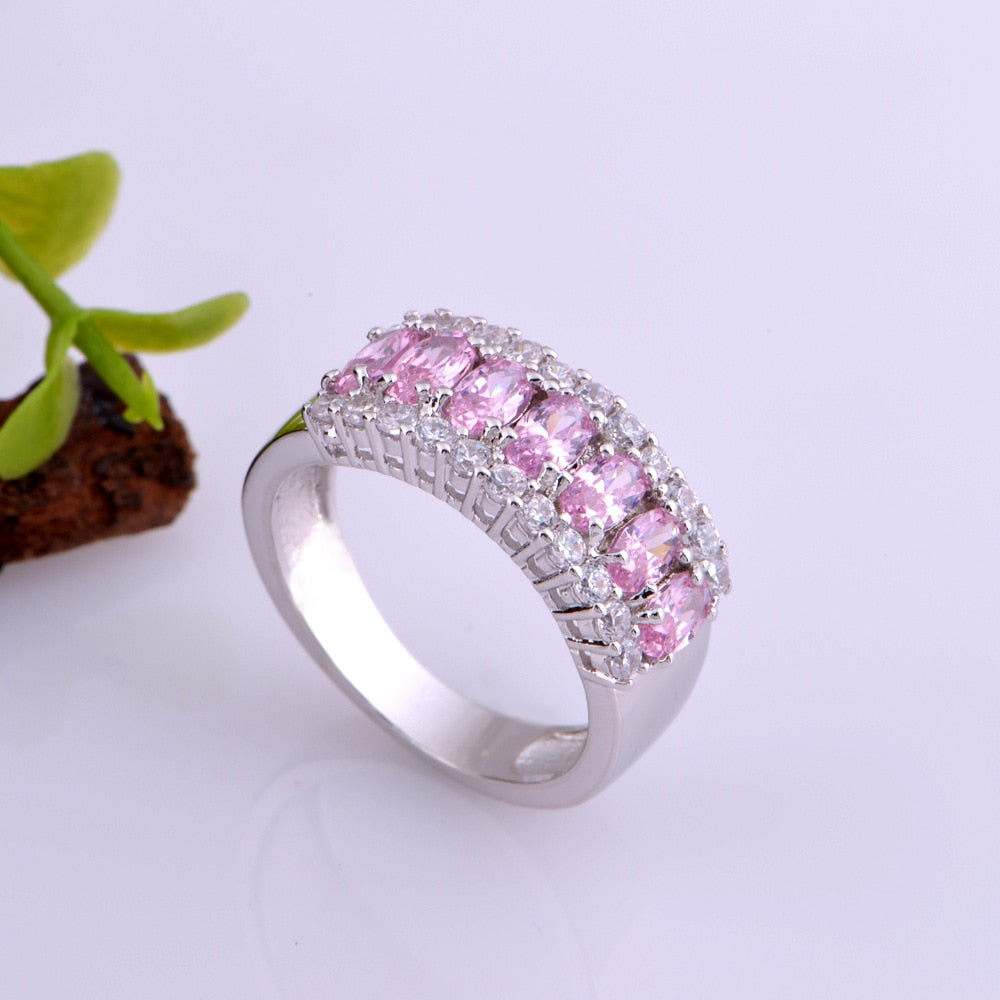Luxury Oval Pink Crystal Cz Zinc Alloy Pendant Necklace Jewelry Set