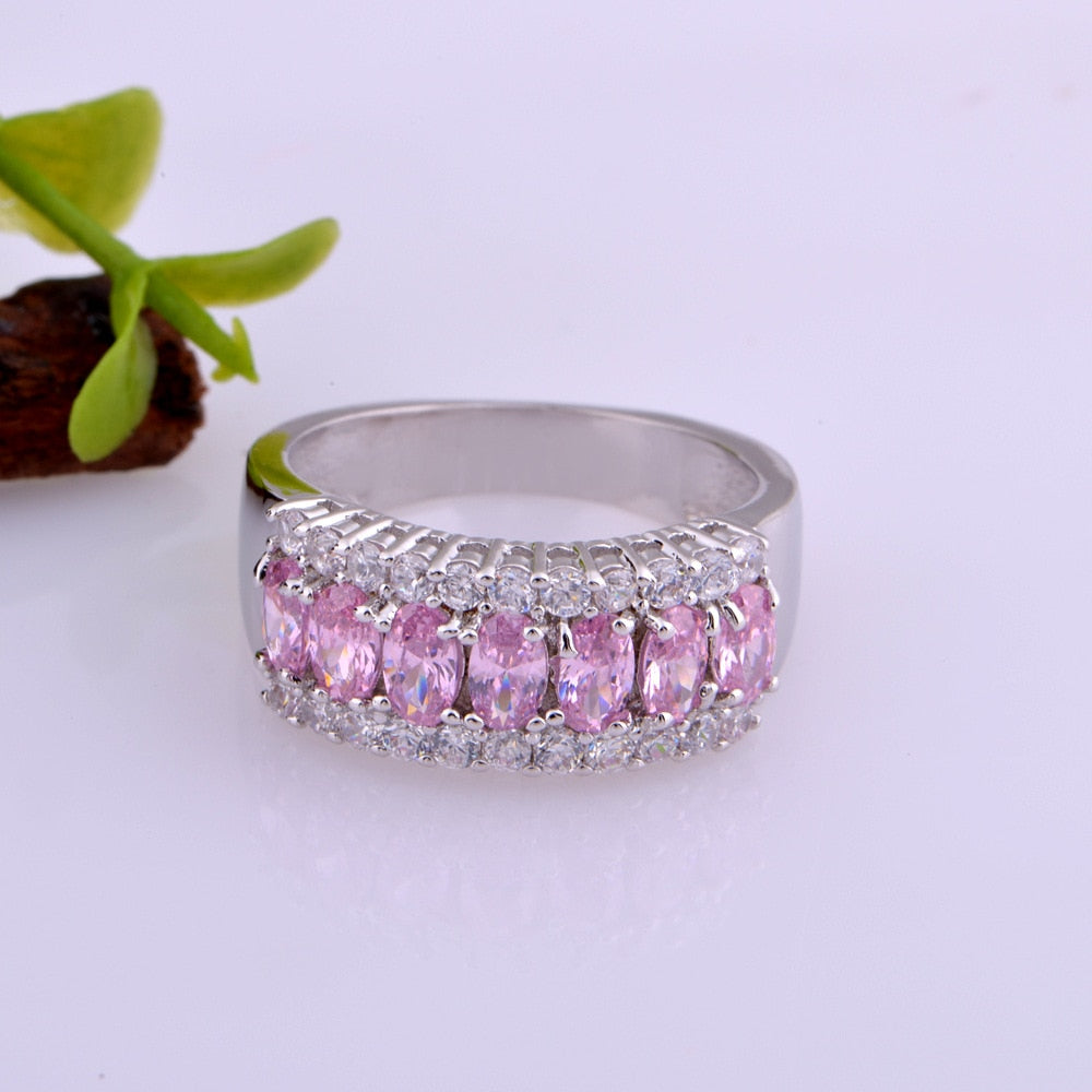Luxury Oval Pink Crystal Cz Zinc Alloy Pendant Necklace Jewelry Set
