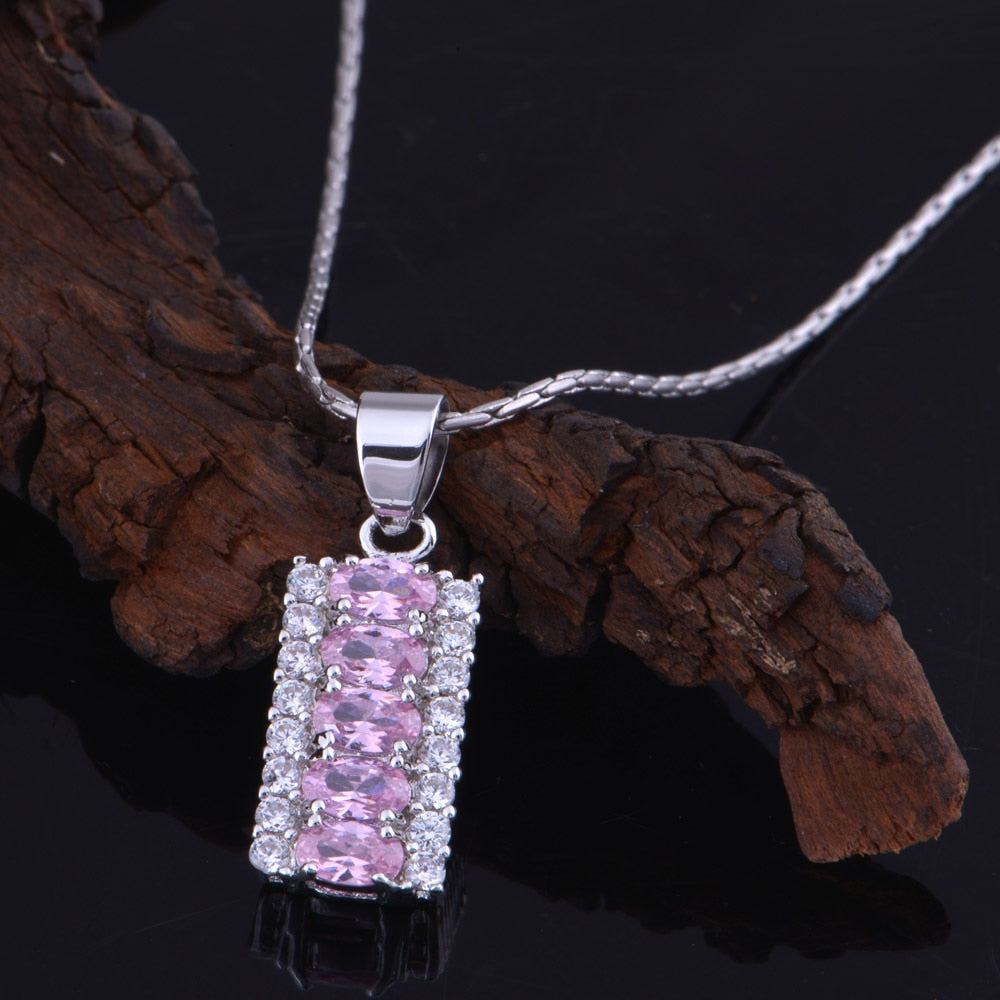 Luxury Oval Pink Crystal Cz Zinc Alloy Pendant Necklace Jewelry Set