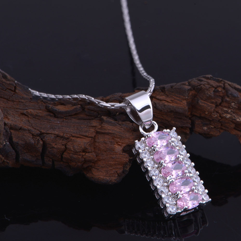 Luxury Oval Pink Crystal Cz Zinc Alloy Pendant Necklace Jewelry Set