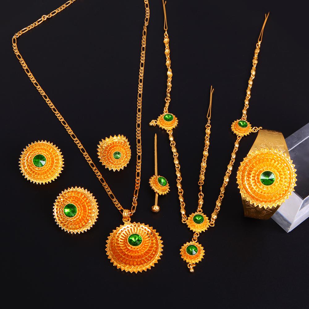 Ethiopian Gold Color Hair Piece Pendant Necklace Earings Ring Hair Jewelry Set