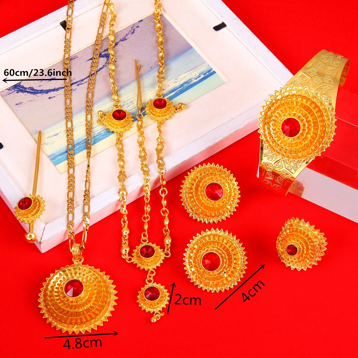 Ethiopian Gold Color Hair Piece Pendant Necklace Earings Ring Hair Jewelry Set