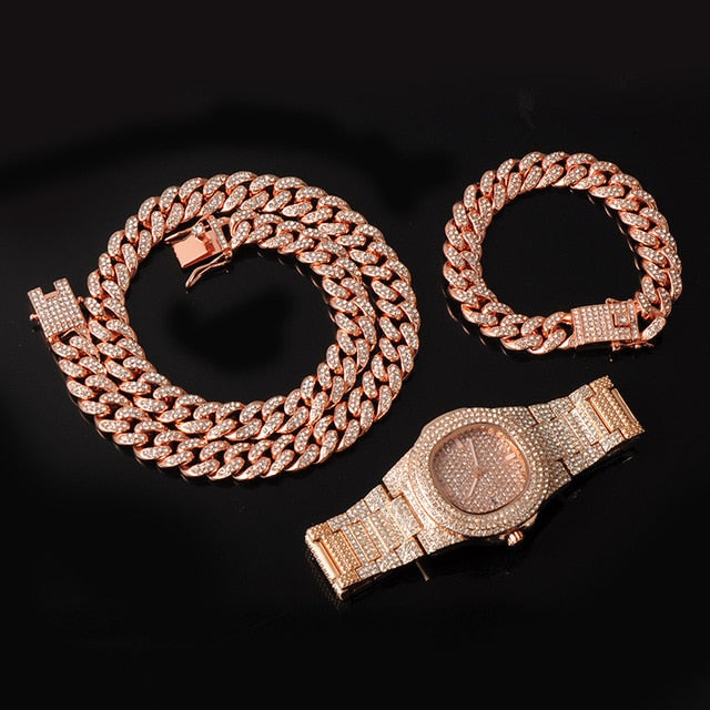 Gold Necklace +Watch+Bracelet Hip Hop Miami