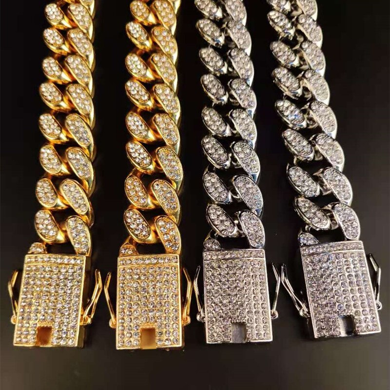 setting rhinestone Miami Cuban Chains Hip Hop  Necklaces