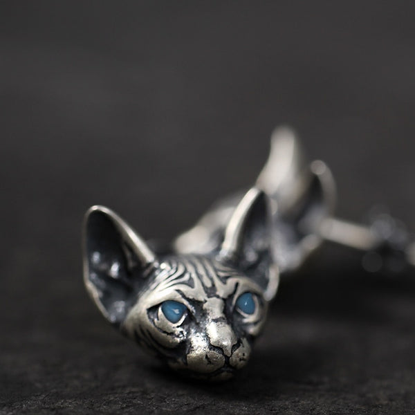 Pendientes vintage de gato esfinge bañados en plata para hombre y mujer