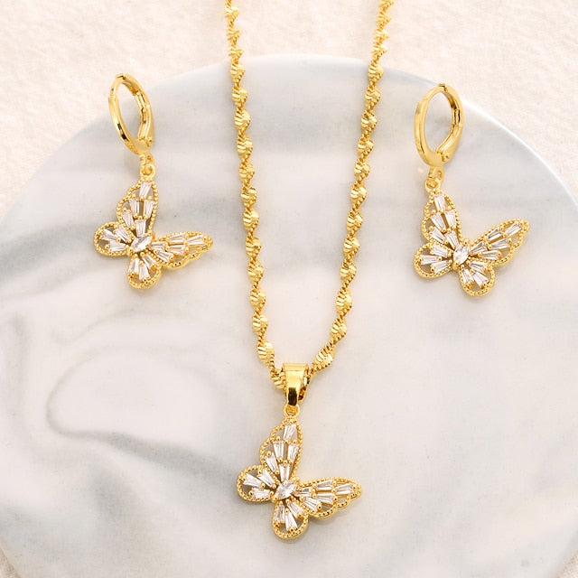 Heart White Blue Green Cubic Zircon Earring Necklace chain Jewelry Sets
