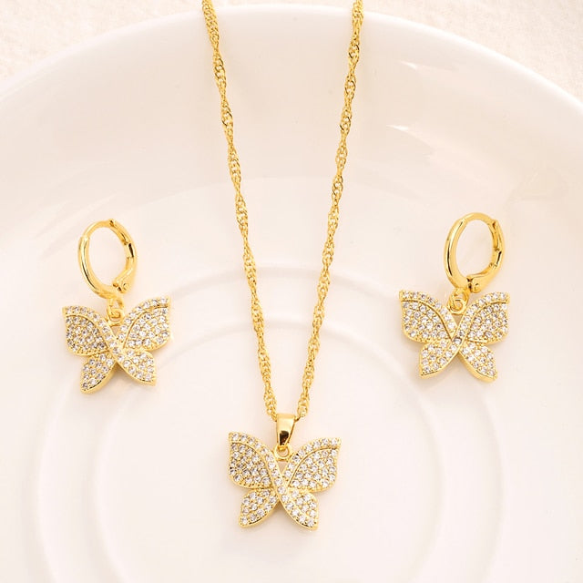 Heart White Blue Green Cubic Zircon Earring Necklace chain Jewelry Sets
