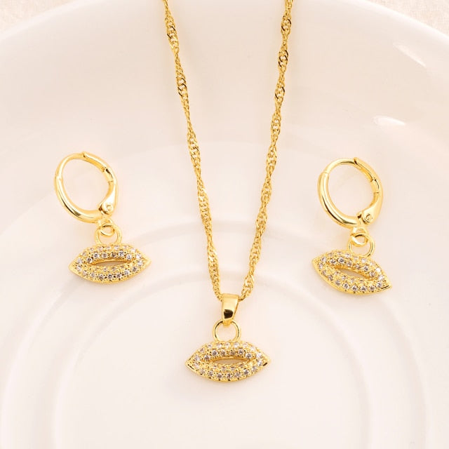 Heart White Blue Green Cubic Zircon Earring Necklace chain Jewelry Sets