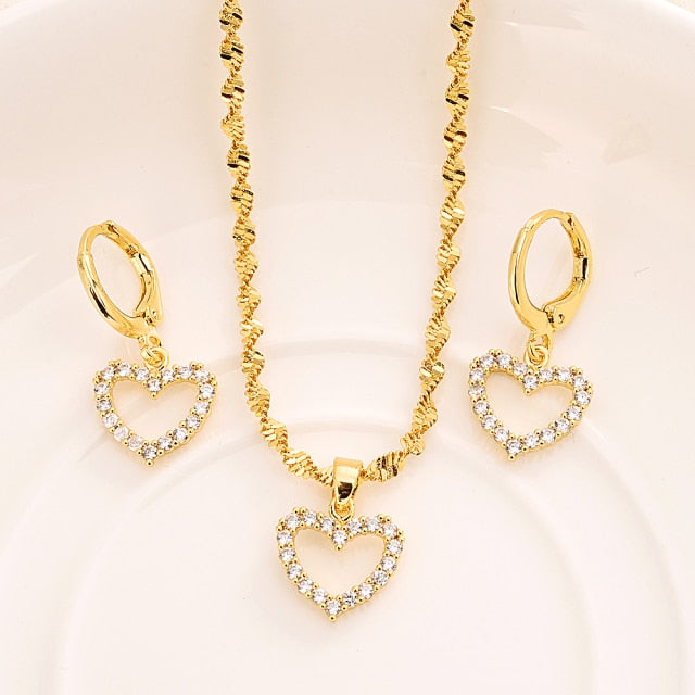 Heart White Blue Green Cubic Zircon Earring Necklace chain Jewelry Sets