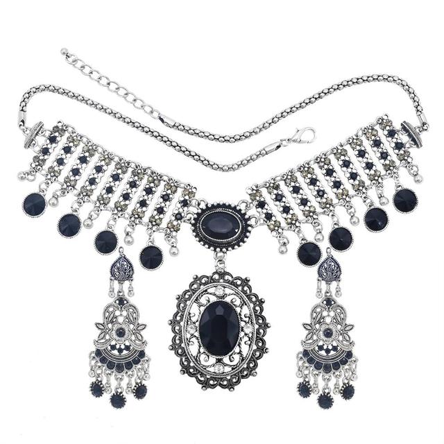 Afghan Silver Color Coin Tassel Bib Statement Necklace & Earring Sets